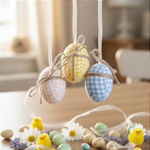 Ovo de Páscoa Decorativo para Pendurar - Xadrez Amarelo, Rosa e Azul - 6x4x4cm - 6 unidades - Rizzo