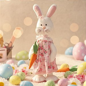 Enfeite Decorativo de Páscoa - Coelha de Vestido Florido - 44x18x17cm - 1 unidade - Pé de Pano - Rizzo
