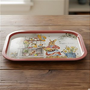 Bandeja Decorativa de Páscoa - Coelha com Cesta de Ovos - Vermelho - 37x25,5cm - 1 unidade - Rizzo
