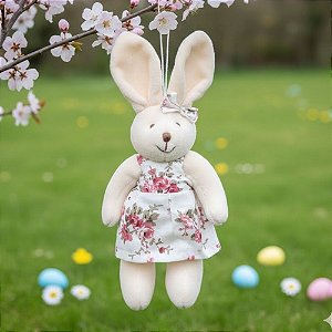 Mini Coelha Para Pendurar Branco - Vestido Florido Branco - 21cm - 1 unidade - Cromus - Rizzo