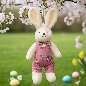 Mini Coelho Para Pendurar Branco - Jardineira Florida Rosa - 21cm - 1 unidade - Cromus - Rizzo