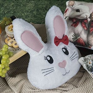 Almofada Peluciada de Páscoa Premium - Formato Coelho com Bordado e Aplique de Laço - Rosa - 40x46cm - 1 unidade - Rizzo