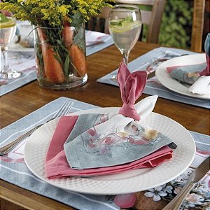 Guardanapo de Tecido de Páscoa com Porta Guardanapo - Orelhinhas Dupla Face - Rosa e Tiffany - 40x40cm - 2un - Rizzo