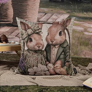 Capa para Almofada de Páscoa Premium - Casal de Coelhos - Xadrez Verde - 43x43cm - 1 unidade - Rizzo