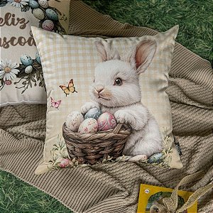 Capa para Almofada de Páscoa Premium - Coelhinho Branco com Cesta de Ovos - Xadrez Amarelo - 43x43cm - 1 unidade - Rizzo