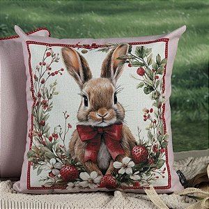 Capa para Almofada de Páscoa Premium - Guirlanda de Morangos Coelho - Vermelho - 43x43cm - 1 unidade - Rizzo