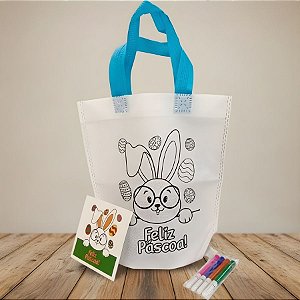 Sacola de Microfibra com Estampa de Páscoa Para Colorir - Coelho com Óculos - Azul - 16x22cm - 1 unidade - Rizzo