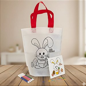 Sacola de Microfibra com Estampa de Páscoa Para Colorir - Coelho com Cenoura - Vermelha - 16x22cm - 1 unidade - Rizzo