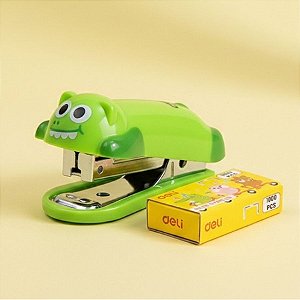 Grampeador Mini Bichinhos com 1000 Grampos - Crocodilo - Verde - 6x3,5cm - 1 unidade - Deli - Rizzo