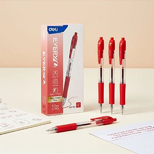 Caneta Esferográfica Retratil - Ponta Bullet 0,7mm Vermelho - Caixa - 12 unidades - Deli - Rizzo
