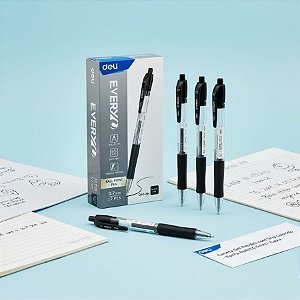 Caneta Esferográfica Retratil - Ponta Bullet 0,7mm Preta - Caixa - 12 unidades - Deli - Rizzo