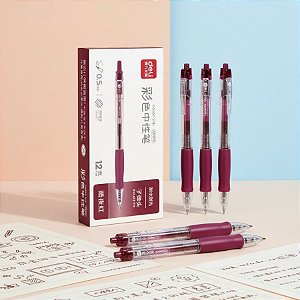 Caneta Gel Retrátil com Grip Colorido - Ponta Bullet 0.5mm Vinho - Caixa - 12 unidades - Deli - Rizzo