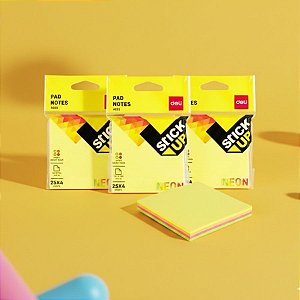 Bloco de Notas Adesivas Fluorescente - Sortido - 7,6x7,6cm - Caixa - 12 unidades - Deli - Rizzo