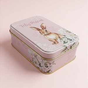 Lata de Metal Retangular de Páscoa - Coelho Flores - Rosa - 12,2x8,5x4,5cm - 1 unidade - Rizzo