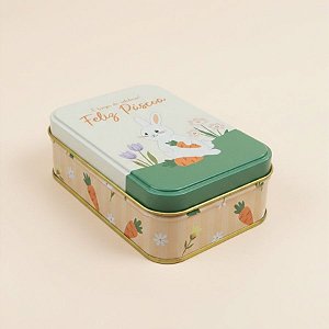 Lata de Metal Retangular de Páscoa - Coelho Feliz Páscoa - Branco - 12,2x8,5x4,5cm - 1 unidade - Rizzo