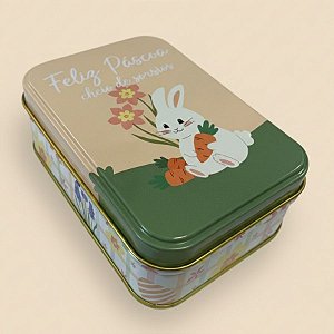 Lata de Metal Retangular de Páscoa - Coelho Feliz Páscoa - Creme - 12,2x8,5x4,5cm - 1 unidade - Rizzo