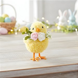 Pintinho Decorativo com Flores - Rosa e Branco - 7x12x9cm - 1 unidade - Cromus - Rizzo