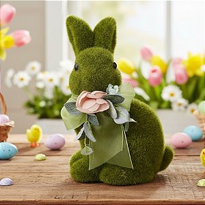 Enfeite Decorativo de Páscoa - Coelho Verde com Laço e Flores - 10x16x13cm - 1 unidade - Cromus - Rizzo