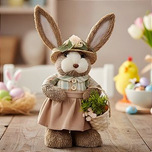 Enfeite Decorativo de Páscoa - Coelho com Cesta de Cenoura e Chapéu - 18x45x16cm - 1 unidade - Cromus - Rizzo