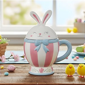 Caneca Decorativa De Páscoa com Tampa - Listrada Rosa, Branca e Azul - 240ml - 1 unidade - Cromus - Rizzo