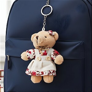 Chaveiro Ursa de Pelúcia - Macacão e Saia Estampa Rosas - 8x11x4cm - 1 unidade - Rizzo