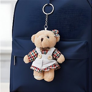 Chaveiro Ursa de Pelúcia - Macacão e Saia Xadrez - Colorido - 8x11x4cm - 1 unidade - Rizzo