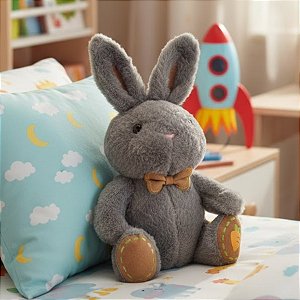 Coelho de Pelúcia Sentado com Gravata - Cinza - 15x25x13cm - 1 unidade - Rizzo - Rizzo