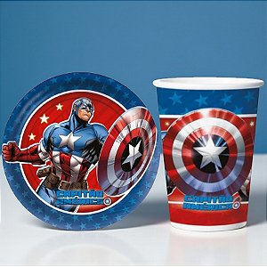 Kit Copo e Prato de Papel - Capitão América - 16 Itens - 1 unidade - Disney Original - Regina - Rizzo
