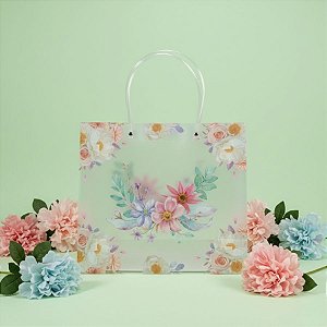 Sacola de Plástico Transparente Fosca - Floral - Rosa,Roxo e Branco - 30x12x26cm - 1 unidade - Rizzo