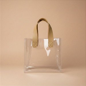 Sacola Transparente PVC com Alça de Couro Bege Escuro - 20x10x18cm - 1 unidade - Rizzo