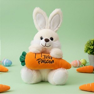 Coelho de Pelúcia Branco - Cenoura "Feliz Páscoa" - 20,5cm - 1 unidade - Rizzo
