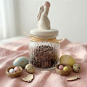 Pote de Vidro e Cerâmica Hermético de Páscoa - Coelho Branco e Rosa - 20cm - 1 unidade - Cromus - Rizzo
