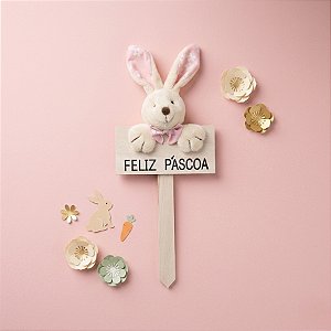 Plaquinha MDF Feliz Páscoa com Coelho Florido Rosa - 1 unidade - Cromus -