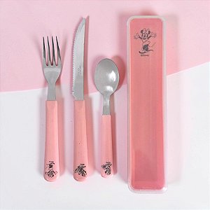 Kit Estojo, Colher, Garfo e Faca - Minnie Mouse Rosa - 1 unidade - Disney Original - Rizzo