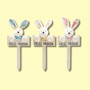 Plaquinha em Madeira Coelho Florido - 23x9,5cm - Cromus Páscoa - Rizzo Embalagens