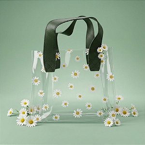 Sacola Transparente PVC com Alça de Couro Verde Musgo - Margarida - 18x20x10cm - 1 unidade - Rizzo