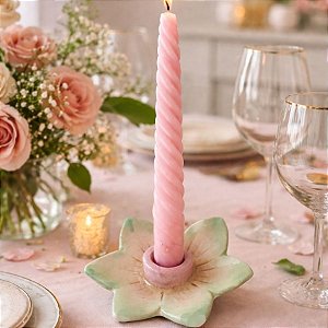 Suporte para Vela em Cerâmica - Flor - Rosa e Verde - 11,5cm - 1 unidade - FlorArte - Rizzo