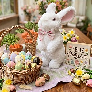Coelho Decorativo de Páscoa - Branco com Gravatinha - 26cm - 1 unidade - FlorArte - Rizzo