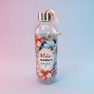 Garrafa Transparente com Alça - Flores Azul e Rosa - Mãe Melhor Amiga - 550ml - 1 unidade - Rizzo