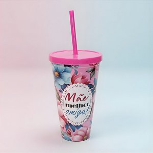Copo com Canudo e Tampa - Rosa - Mãe Melhor Amiga - 600ml - 1 unidade - Rizzo