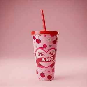 Copo com Canudo e Tampa - Te Amo - 600ml - 1 unidade - Rizzo