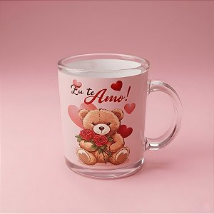 Caneca de Vidro Transparente - Rosa Claro - Ursinho Eu Te Amo - 320ml - 1 unidade - Rizzo