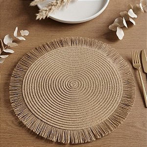 Sousplat Trançado com Franja 39cm - Marrom - Estilo Palha - 1 unidade - Rizzo