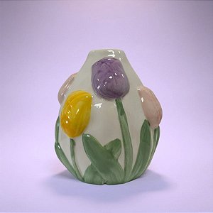 Vaso Decorativo em Cerâmica - Tulipas Coloridas - Branco - 12,5x11cm - 1 unidade - FlorArte - Rizzo