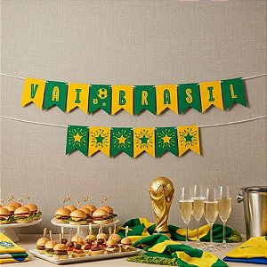 Faixa Decorativa - "Vai Brasil" Bandeirola Verde e Amarelo - Copa do Mundo - 120x15,5cm - 1 unidade - Regina - Rizzo