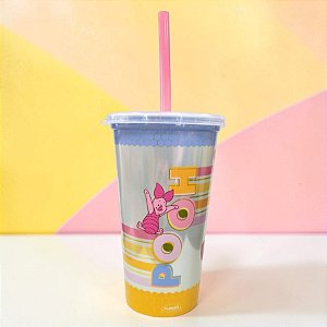 Copo de Plástico com Tampa e Canudo - Ursinho Pooh - Listras - 500ml - Disney Original - 1 unidade - Plasútil - Rizzo