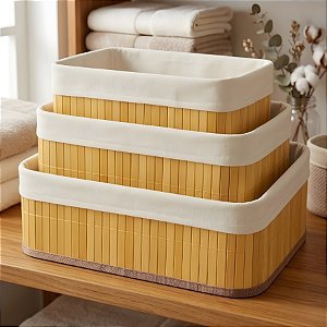 Kit Cesta Decorativa de Bambu com Forro de Tecido Claro - 3 unidades - Rizzo