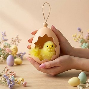 Enfeite Decorativo para Pendurar - Ovo com Pintinho - Amarelo - 10cm - 1 unidade - Rizzo