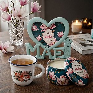 Kit Presenteável Porta Retrato Mãe com Moldura de Coração, Caneca de Porcelana e Vela Aromática - Melhor Mãe do Mundo -