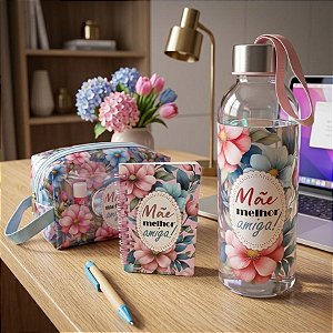 Kit Presenteável Bloco de Anotações com Caneta, Garrafa com Alça e Nécessaire - Mãe Melhor Amiga - 1 unidade - Rizzo